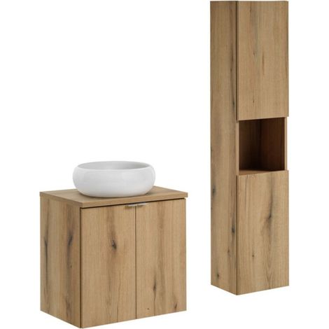 Set VANO finitura quercia 90cm: mobile base con ante + piano per lavabo + lavabo da appoggio rotondo bianco + colonna