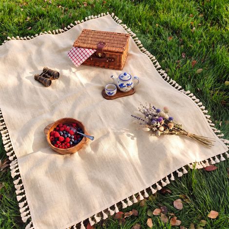 Tapis de pique-nique en lin fin TPU à dentelle beige 140-220cm imperméable camping 30 × 30 × 8 cm 380 g – Livraison gratuite