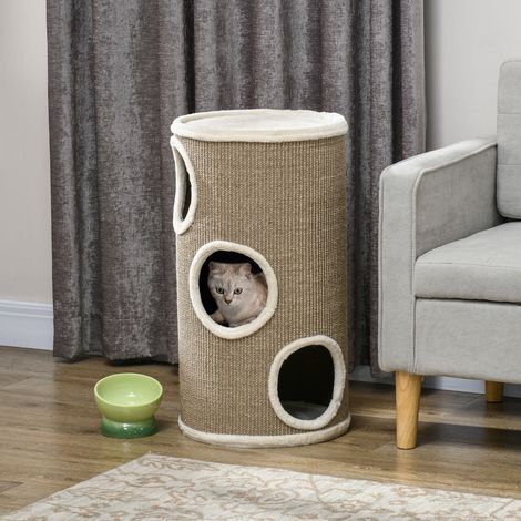 Cage à Chat 3 Niveaux avec Griffoir en Sisal et Peluche, Ø38x70cm, Marron (1/5)