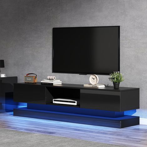 Moderner, glänzender LED-TV-Schrank 160 x 35 x 40,5 cm, elegante TV-Kommode mit 2 Schubladen, App-Steuerung, Kippschutz, Schwarz