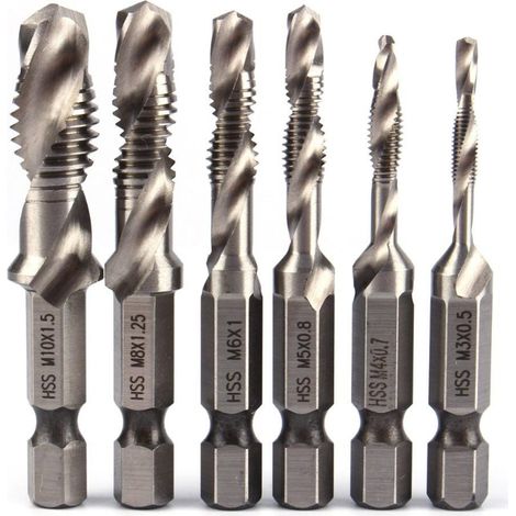 6 pièces M3-M10 Vis Taraud Forets Hss Tarauds Fraise bavurage Ensemble Mtrique Combinaison Peu Haute Vitesse Acier Changement Rapide HexagoneArgent (1/4)