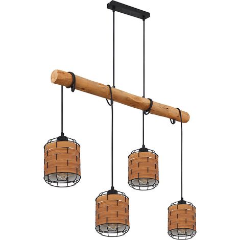 LED Pendelleuchte 4 flammig Lampenschirm Hängelampe Holzoptik Wohnzimmerlampe zum verstellen, Metall Kunststoff, schwarz braun, 4x 7W 4x 806lm warmweiß, LxBxH 85x15x140 cm