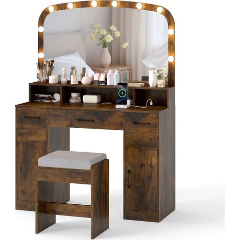 COSTWAY Toeletta da Trucco con 10 Luci, Set Tavolo e Sgabello da Trucco con Stazione di Ricarica, 3 Colori di Luce, 3 Cassetti, 2 Armadietti, Consolle Toeletta per Soggiorno Camera da Letto (Caffè) (1/5)