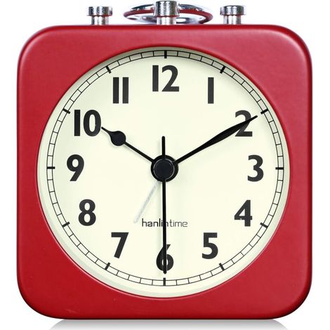 Reloj despertador analógico, rojo, cuadrado, silencioso, pequeño, de metal, reloj despertador de viaje para niños, dormitorio, mesita de noche, sala de estar, oficina, rojo - Crezuo