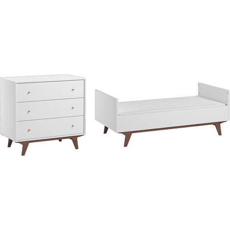 Mitwachsendes Babybett 70x140 und Kommode mit 3 Schubladen Vox Mid - Weiß und Holz