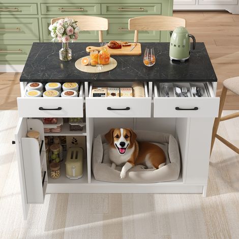 Îlot cuisine blanc 120x60x90cm avec 3 tiroirs et étagère à épices,plateau réglable et grand rangement pour accessoires.
