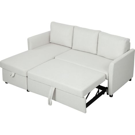 HOMCOM Divano Angolare Effetto Lino con Chaise Longue Portaoggetti Bianco Crema