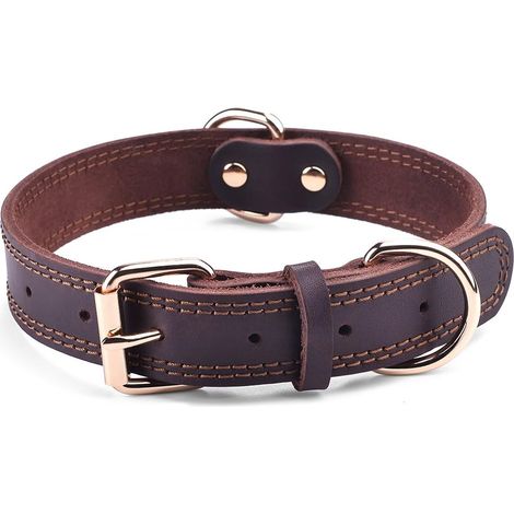 Leather Dog Collar, Heavy Duty Wide Dog Collar for Small,Medium,Large and Extra Large Dogs (M: 1" Wide for 15.2"-19.2" Neck, Dual Stitch - Brown) (1/5)