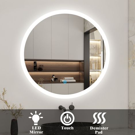 Round LED Bathroom Mirror with Light 60cm, Illuminated Wall Mounted Backlit Vanity Mirror with Demister, Anti-fog Large Circle Makeup Mirror