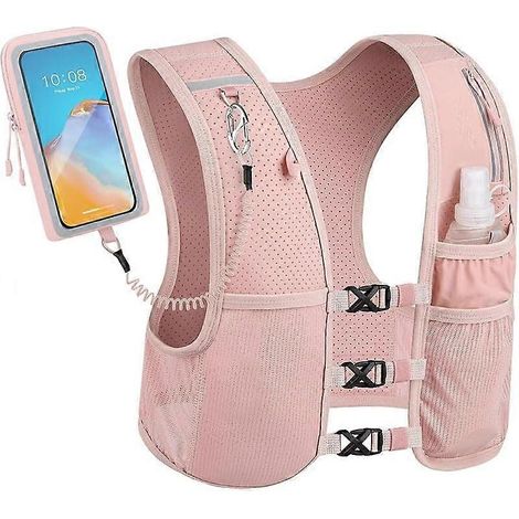 Gilet de course léger avec poche à eau intégrée bandes réfléchissantes système de réglage adapté course et randonnée rose