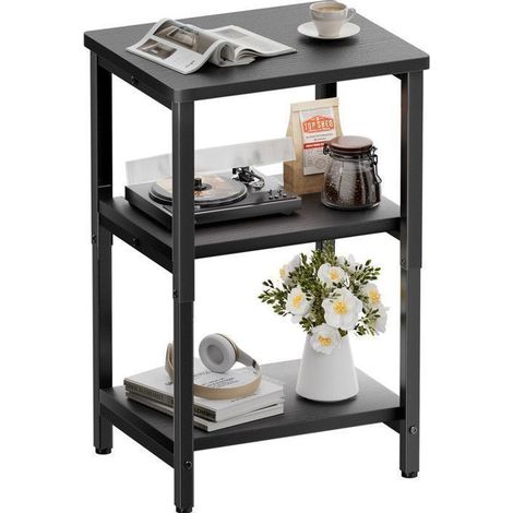 ECOFURNIX - Table d'Appoint Noir - 3 Niveaux de Rangement - Pour Salon, Bureau, Chambre