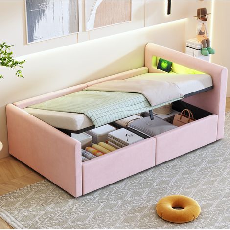 lit coffre 90x200 LED USB en velours rose enfant HAVRYA (1/5)
