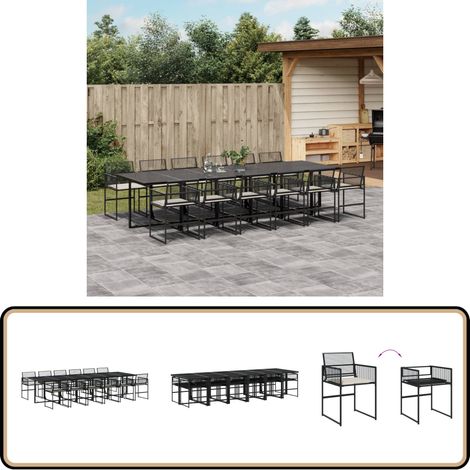 13-tlg. Garten-Essgruppe mit Kissen Schwarz Poly Rattan - Gartengestelle - Gartenmöbelset - Outdoor Möbel - Esstisch - Gartenstühle