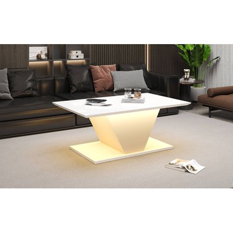 Table basse LED 100x50 cm, design V blanc brillant, table de salon moderne, éclairage connecté, meuble compact pour canapé (1/5)