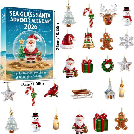 Calendrier de l'Avent 2026 « Verre de mer » - 24 décorations suspendues en acrylique 2D avec motifs de Noël et de verre de mer - Calendrier de l'Avent de 24 jours pour décorer le sapin et offrir en ca (1/5)