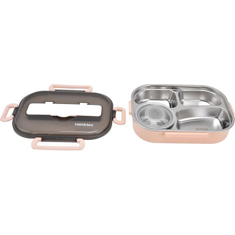 Tragbare Kinder-Lunchbox aus Edelstahl 304, 1,3 l, vier Fächer, Bento-Box mit Suppenschüssel, Essstäbchen und Löffel, rosa (1/5)