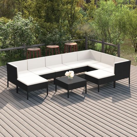 10-tlg. Garten-Lounge-Set mit Auflagen Poly Rattan Schwarz (1/5)