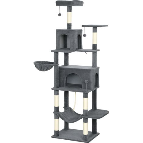 Albero Tiragraffi per Gatti Alto 202 cm con 6 Pali in Sisal Casette Amache e Lettino Grigio