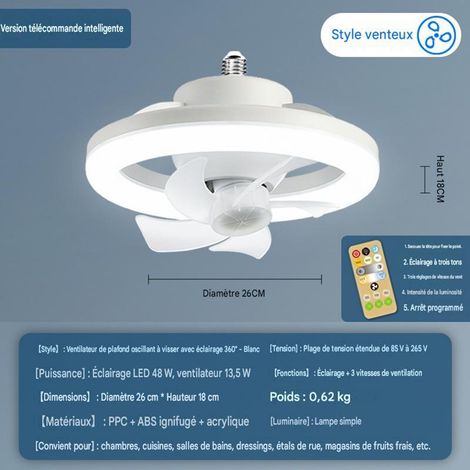 LED-Deckenleuchte mit E27-Fassung und integriertem Deckenventilator – Leise Ventilatorlampe mit Fernbedienung, 360°-Oszillation, 3 Farb- und 3 Geschwindigkeitsstufen, 1 Stück, Weiß (1/4)