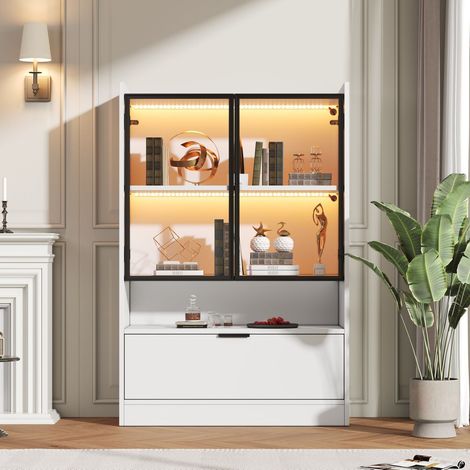 Vitrine salon blanche aggloméré LED finition mate vitres porte rabattable 80x35x120cm rangement déco (1/5)