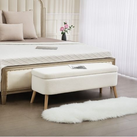 Panca contenitore 65 L 120 x 42 x 45 cm in tessuto fleece, legno e schiuma crema HAVRYA (1/5)