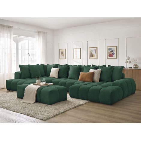 BOBOCHIC - Canapé panoramique convertible coffre EVEREST tissu texturé avec pouf Angle droit  Vert (1/5)