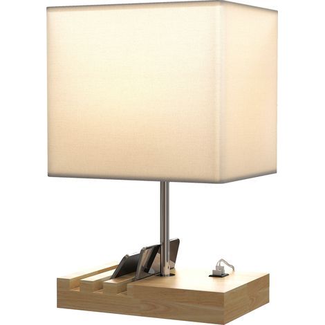 Lustre en bois avec tissu blanc, ports USB, interrupteur à bascule, compartiment de rangement intégré. (1/5)