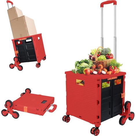 Cart d'achat Pliant Portable avec Roue d'escalade, poignée en Alliage en Aluminium réglable, 40 kg / 88,2 LB Capacité de Chargement avec Couvercle, Roue Avant de Rotation à 360 °avec Frein (Rouge) (1/5)