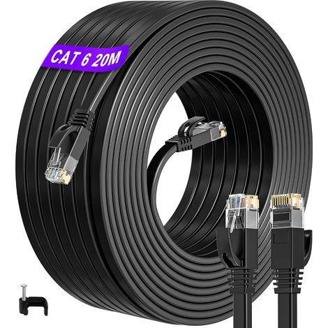 Câble Ethernet 20m Plat Noir, Réseau LAN RJ45 Gigabit 1000 Mbps Internet Haut Débit, Ultra Plat sous Moquette, Câble Noir Discret, Inclus 20 Clips de Fixation (1/5)
