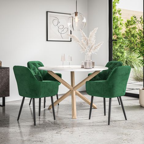 Malvern Round Dining Table And Chairs -  Marble Table Top w Solid Oak Legs + Anika Velvet Dining Chair Set Of 4 (Green) (1/5)