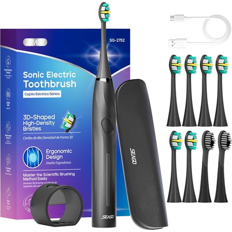 brosse à dent électrique sonique, brosse a dent electrique rechargeable avec capteur de pression intégré,minuteur, 40000vpm,5 modes avec 8 têtes,étui de voyage(Noire) (1/5)