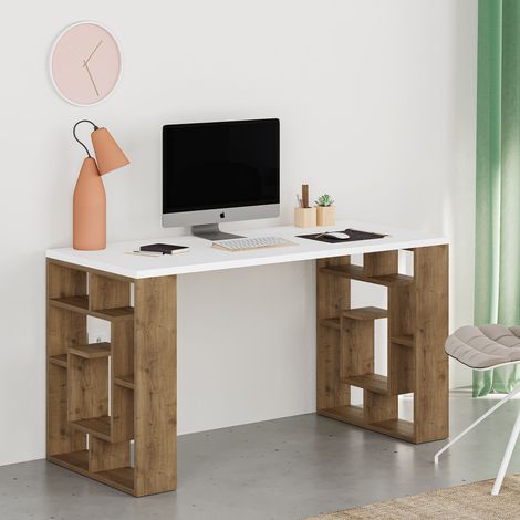 Labirent Modern Desk White Oak Effect With Bookshelf Legs Width 137cm (1/4)
