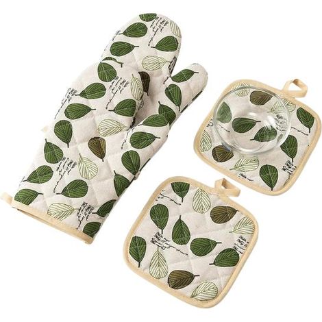 Ensemble de gants de cuisine et maniques en coton résistant à la chaleur avec boucles de suspension, gants de cuisine verts pour la cuisson et la pâtisserie (4 pièces) (1/5)