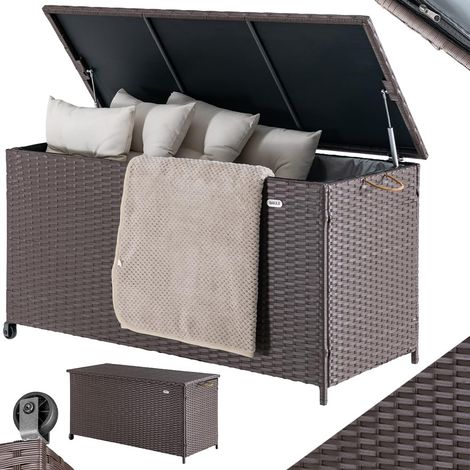 Coffre de rangement de jardin en polyrotin 420 litres, boîte d'extérieur imperméable résistante aux rayons UV, coffre XXL avec roues pour transport et poignée, 121 x 55 x 60 cm (marron) (1/5)