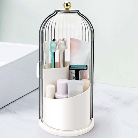 Toothbrush holder with sliding lid, rotating bathroom organizer with three compartments, can also be used to store makeup brushes. (1/4)