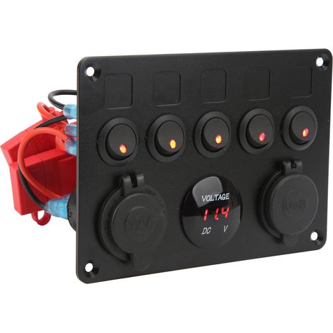 Panneau de commande étanche à 5 interrupteurs LED 12-24 V avec voltmètre numérique rétroéclairé (rouge) pour bateaux, camping-cars, remorques et camions. (1/5)