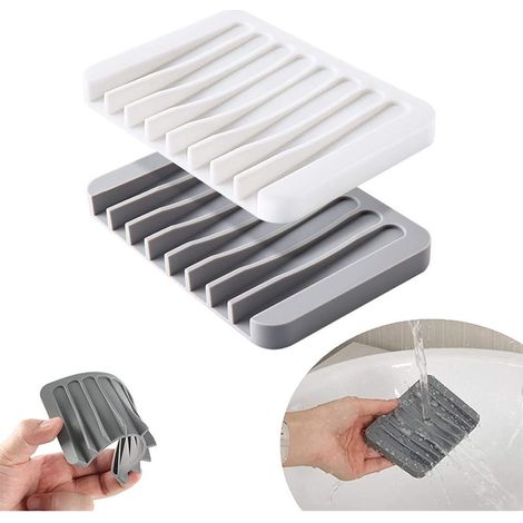 Lot de 2 égouttoirs en silicone, accessoires de salle de bain pour savons et autres produits d'entretien, blanc et gris clair.-AquaForge