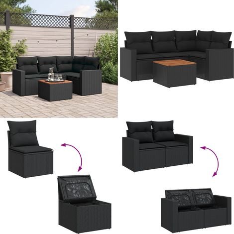 5-tlg. Garten-Sofagarnitur mit Kissen Schwarz Poly Rattan - Gartenmöbel Set - Esszimmergarnitur Outdoor - Lounge Möbel - Rattan Gartenset - Balkonmöbel - Home & Living (1/5)
