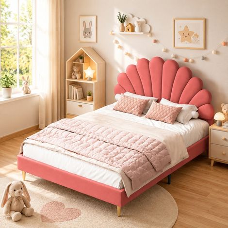 Lit double 140x200 cm velours rouge, tête de lit fleurie capitonnée, cadre métallique, sommier à lattes, style nordique, idéal pour chambre adulte