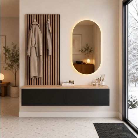 MODFU – Vestiaire entrée mural 140x38x150 cm MDF/panneaux particules – Miroir LED, 2 tiroirs et 2 crochets – Charge 20 kg – Entrée – Noir/bois (1/5)