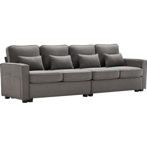 Tissu Lin canapé quatre places moderne, canapé rembourré avec accoudoirs, poches et 4 coussins - Gris foncé (1/5)