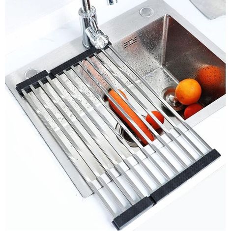 Égouttoir à vaisselle pliable, tapis d'évier en acier inoxydable enroulable, égouttoir de cuisine argenté (16 tubes pliables 47 x 36 cm) (1/5)