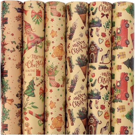 Papier Cadeau Noël,12 Feuilles Papier D'emballage De Noël,Papier Kraft Emballage Cadeau Noel,Recyclé Papier Cadeau Kraft 70x50CM,pour Présent Cadeau Noël (1/5)