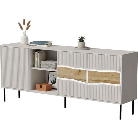 Credenza Mestrino, Madia da salotto con tre ante battenti e due vani aperti, Rialzata da terra, 190x40 h80 cm, Beige e Rovere Nodi