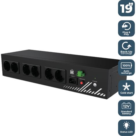 USV PHASAK COMPACT - MODELL PH 9202, 800 VA, 8 Schuko-Steckdosen, Überspannungsschutz, APFC-Kompatibilität, USB HID, EPO, Plug &amp Play, für 19" Racks.