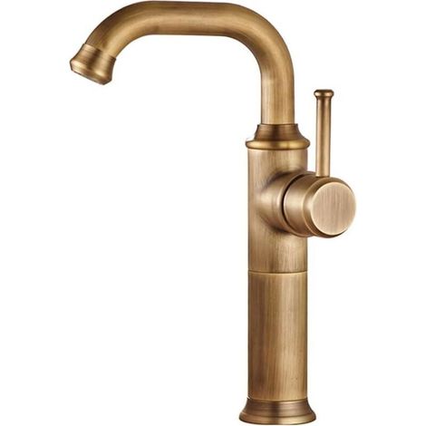 Rubinetto per lavabo vintage alto, monoforo, con beccuccio girevole e maniglia singola, montaggio su piano – finitura ottone spazzolato