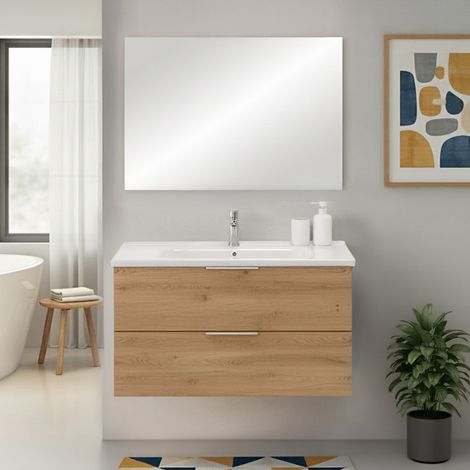 Mobile bagno sospeso 100cm rovere con cassetti lavabo e specchio Elva (1/5)