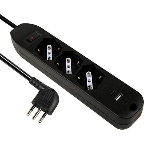 Electraline 61992 Multipresa 3 Posti P40 Polivalenti + 2 USB (1 Tipo A + 1 Tipo C) 17W con interruttore con Protezione da Sovracorrente, Spina Piccola Italiana 10A Salvaspazio, Cavo 1,5M (1/4)