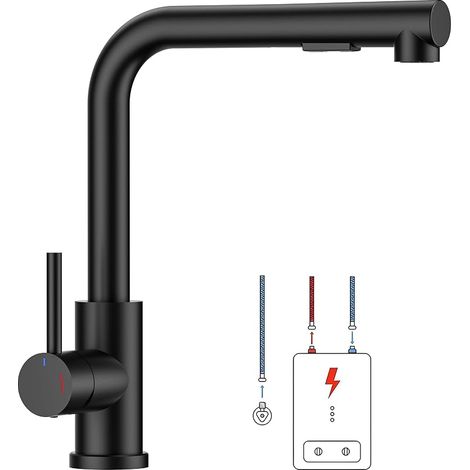 Robinet Cuisine Basse Pression, Robinet Evier Extractible en Forme L, Mitigeur Cuisine 3 Raccords pour Chauffe-eau ou Sous-évier, 2 Jets, Rotation 360°, Noir Mat, Pression