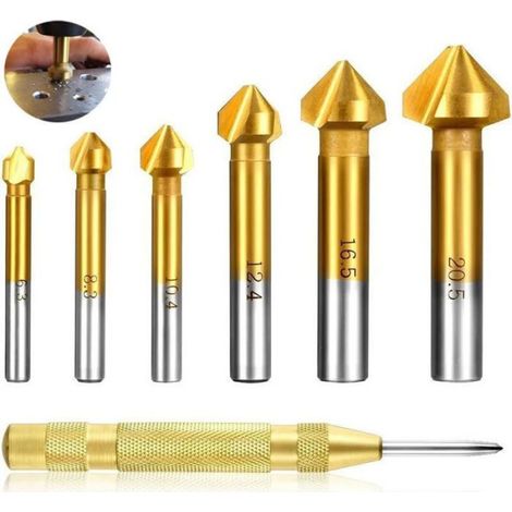 Fraise à Chanfreiner - 6 Pièces - Angle 90° - Diamètre 6,3 à 20,5 mm - Acier Rapide HSS 4241 Revêtement Titane - Pour Métaux et Matériaux Non Métalliques (1/5)